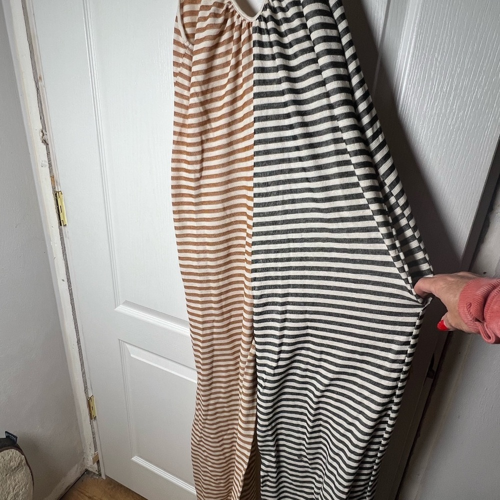 BUCKETLIST Two-Tone Striped romper with pockets  in Tan & Black